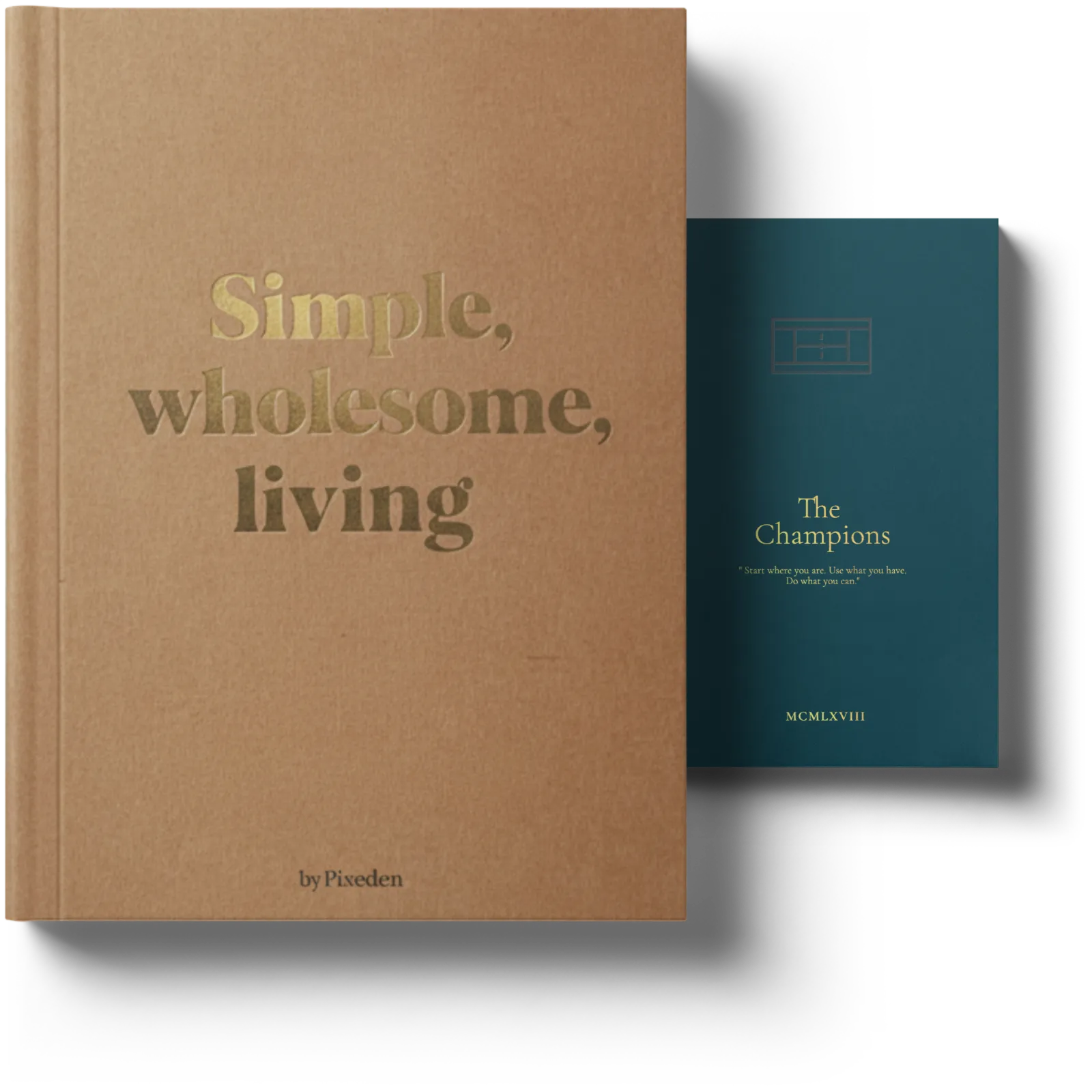 Two books stacked, with foil stamping on the covers.