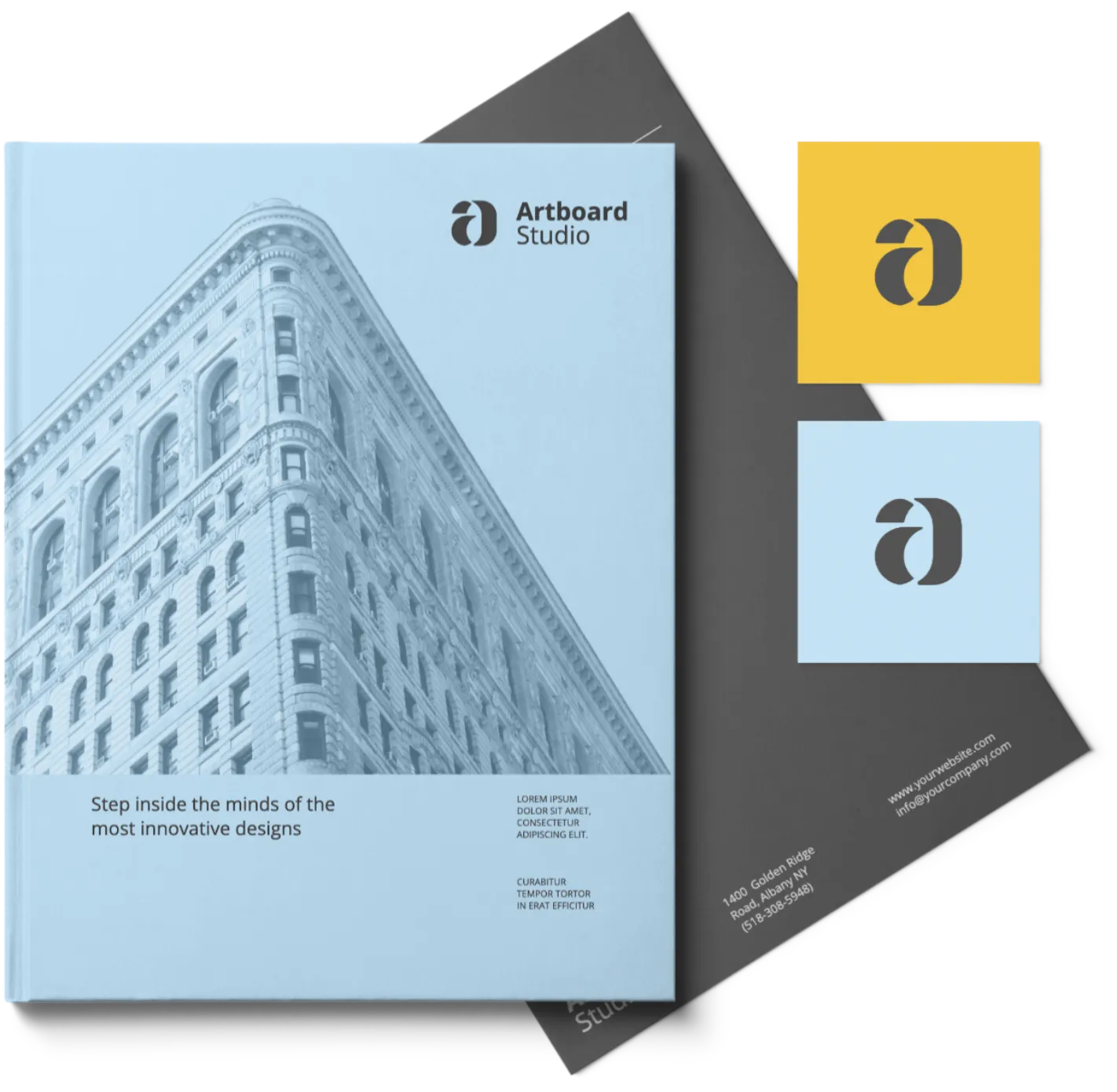 Litho printed cover of a book, with two yellow and blue business cards.